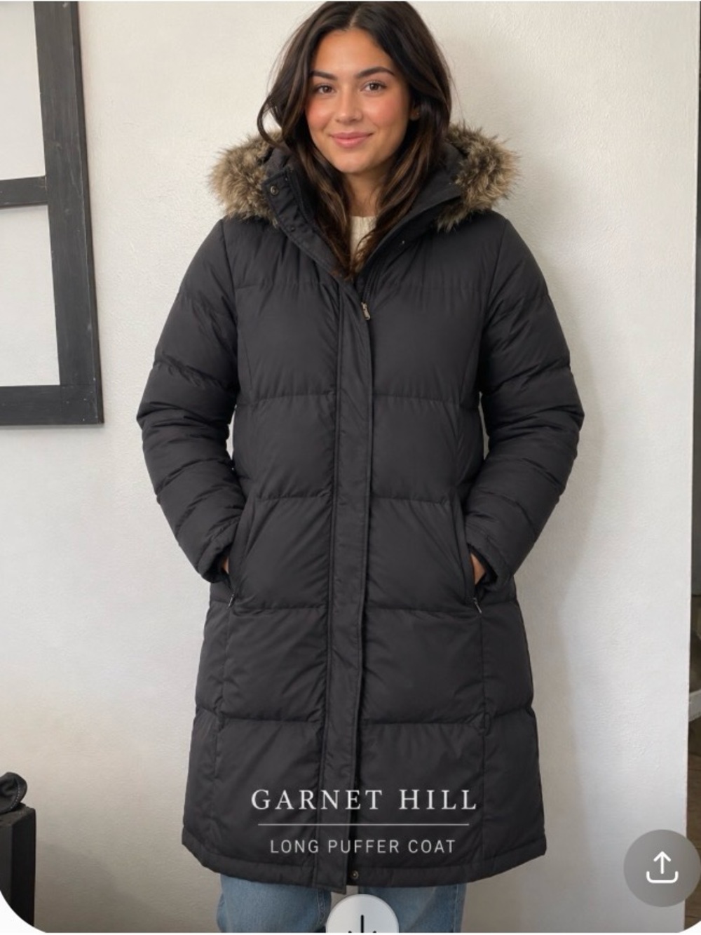 Garnet Hill Black Long Puffer Coat 70% Down 30% Feather with Faux-Fur Hood Trim